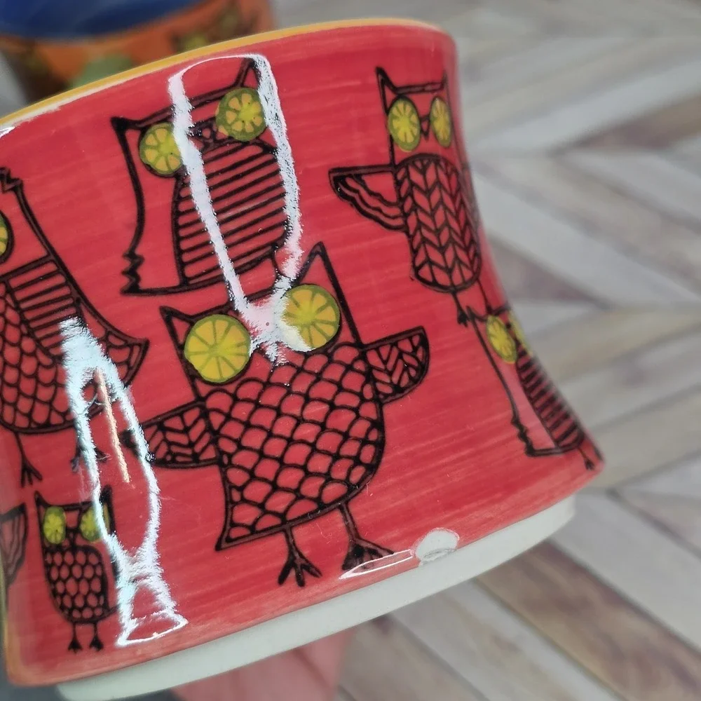 Pier 1 Imports Handpainted Owl Stacked Coffee Tea Mugs Cups Set of 4